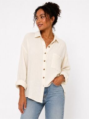 Women's Cream Button-Front Cotton Muslin Textured Shirt